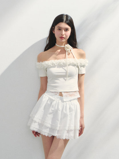 Off-Shoulder Irregular 3D Floral T-Shirt
