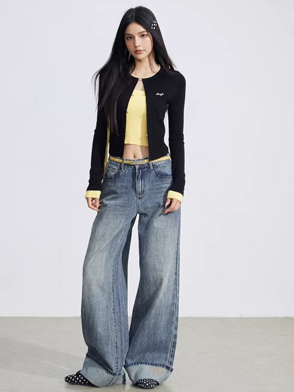 Vintage Wash Embroidered Wide-Leg Jeans