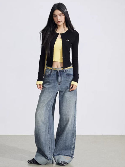 Vintage Wash Embroidered Wide-Leg Jeans