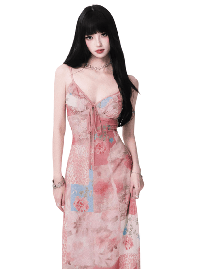 Floral V-Neck Spliced Print Slip Dress