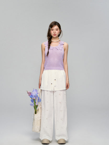 Hollow-Out Fauk Two Piece High-Waist Pants