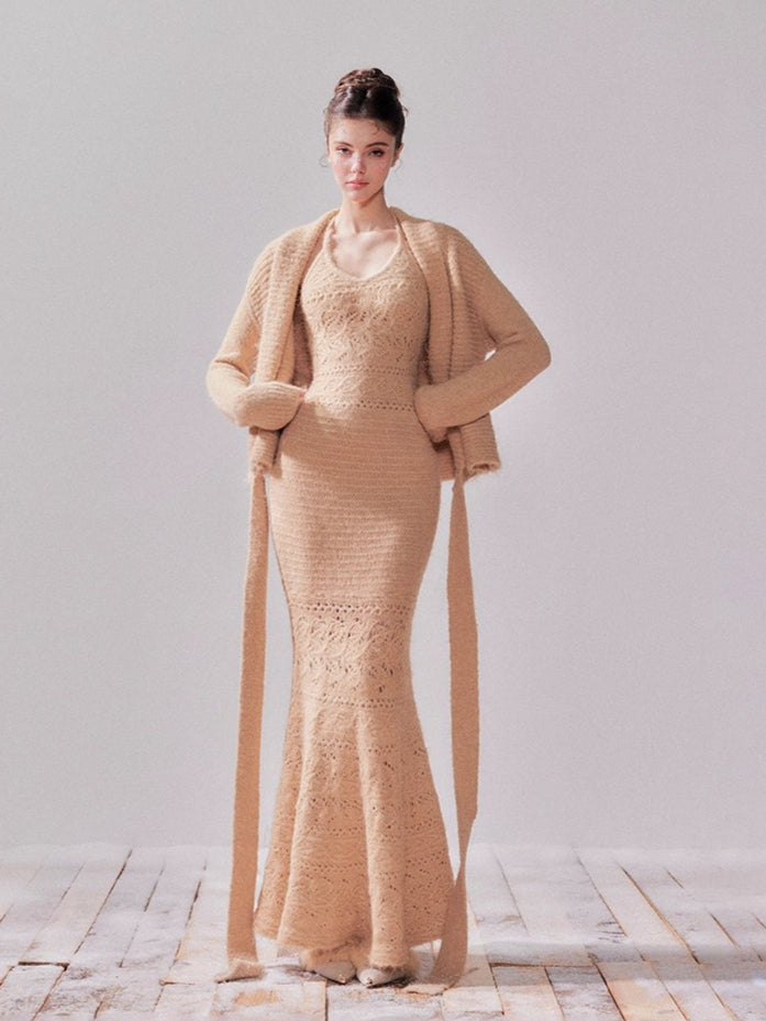 YZZIHE Amber Glow Knit Cardigan & Mermaid Dress Set Dresses(Pre-sale) / M YZZIHE Amber Glow Knit Cardigan & Mermaid Dress Set Dresses(Pre-sale) / M