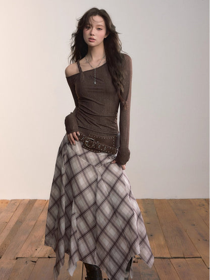 Irregular Hem Plaid Midi Skirt