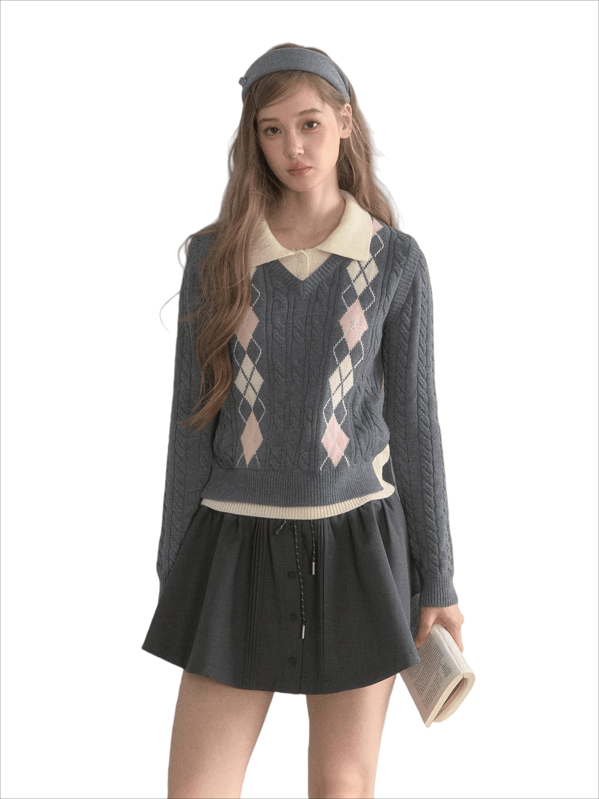 Vintage Argyle Cable Knit Layered Sweater