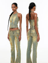 Gold-Stamped Gradient Distressed Flared Jeans - CHINASQUAD