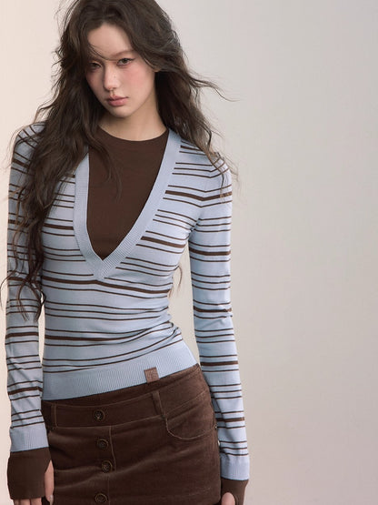 Contrast Stripe Fitted Knit Crewneck