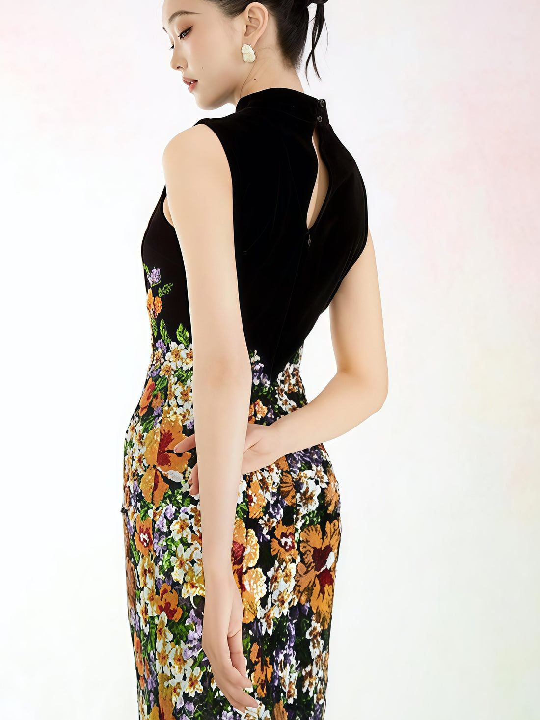 Black Velvet Floral Cheongsam Maxi Dress