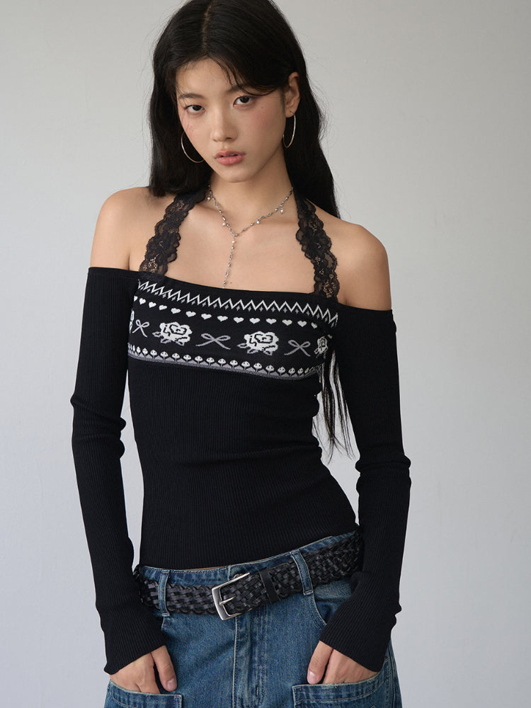 Lace Halter Two-way One-shoulder Sweater - CHINASQUAD