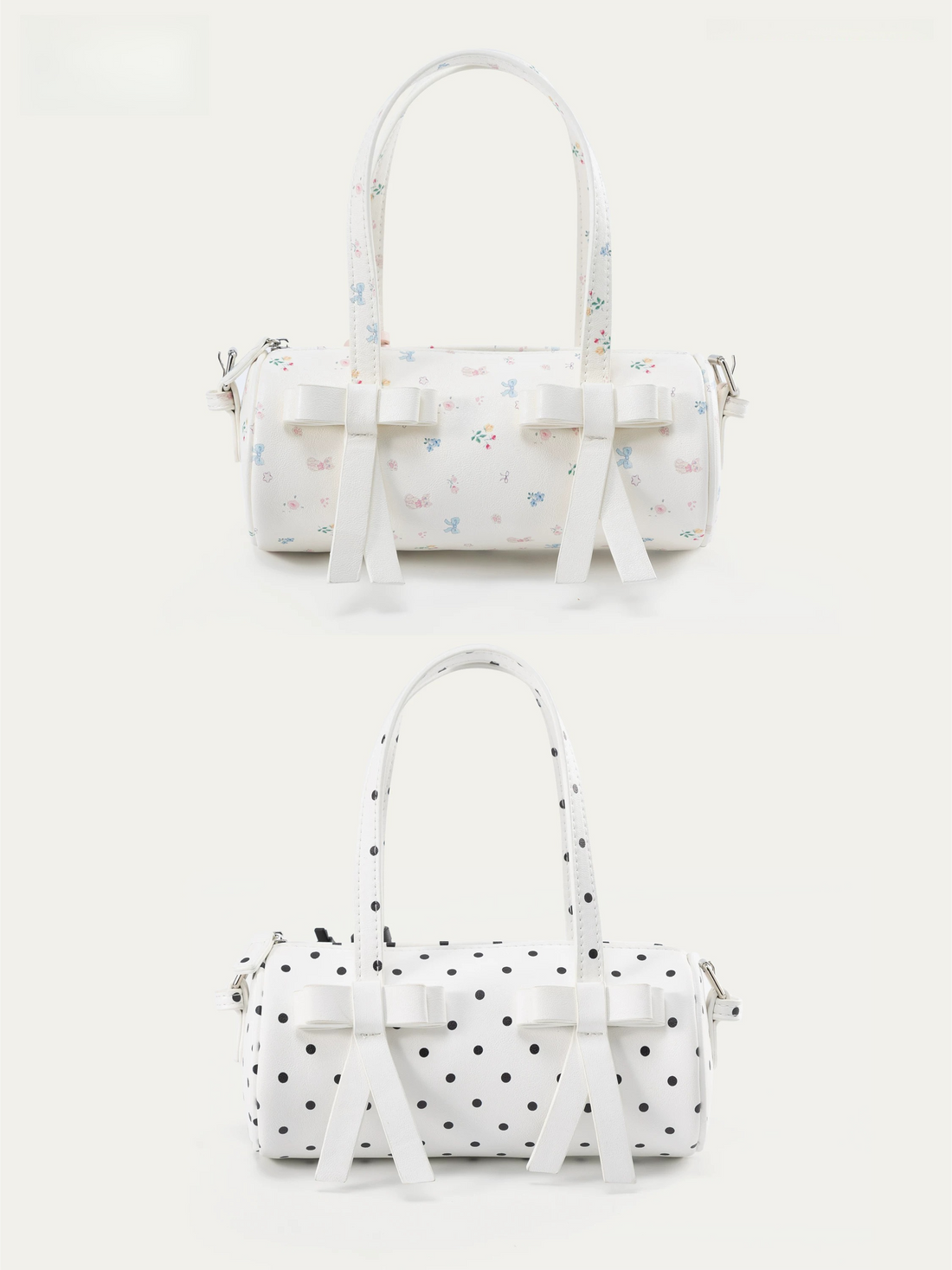 Bow-Accent Polka Dot &amp; Floral Barrel Bag