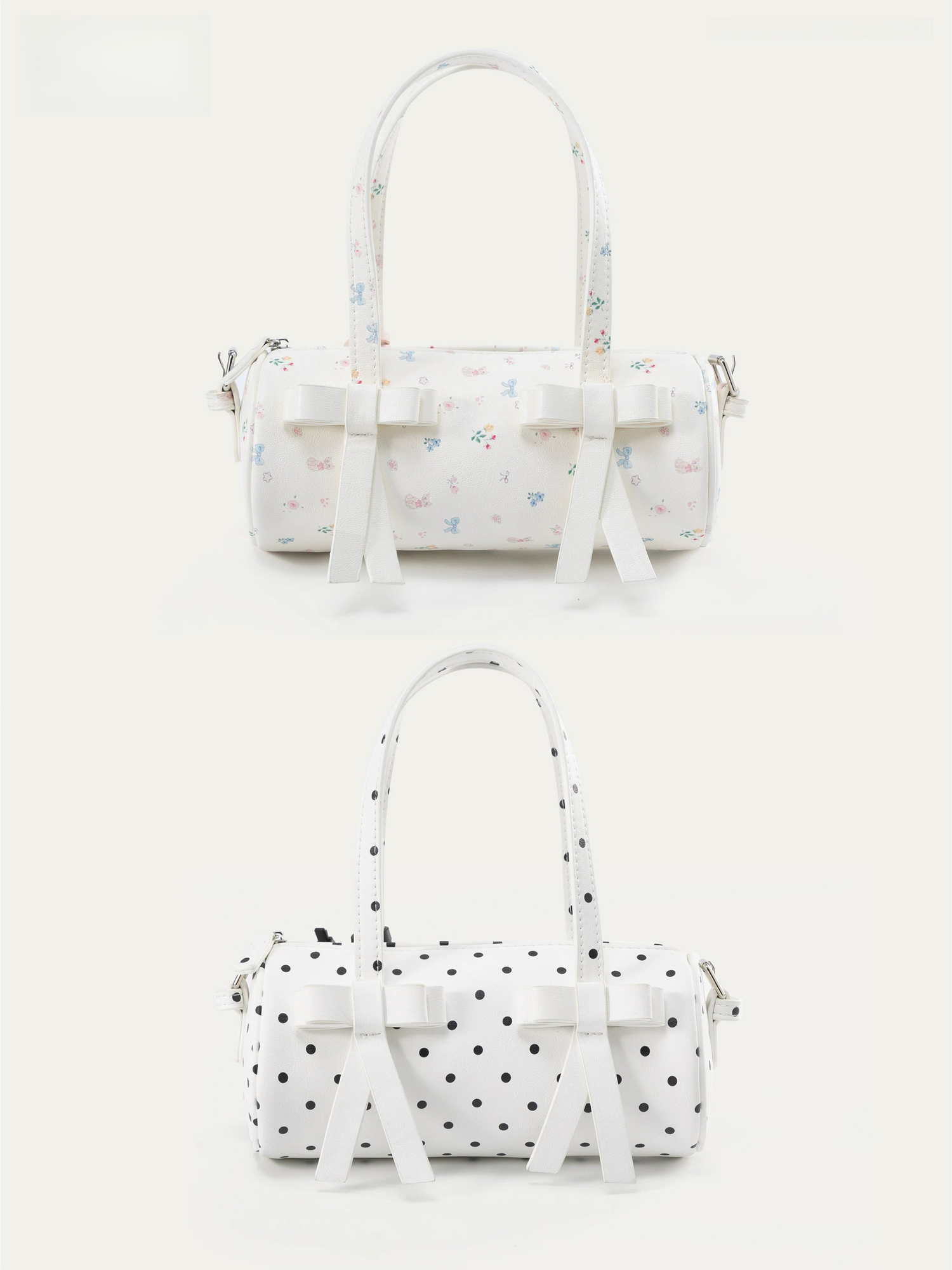 Bow-Accent Polka Dot &amp; Floral Barrel Bag