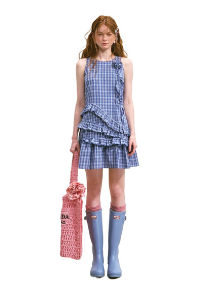Irregular Plaid Ruffled Sleeveless Dress