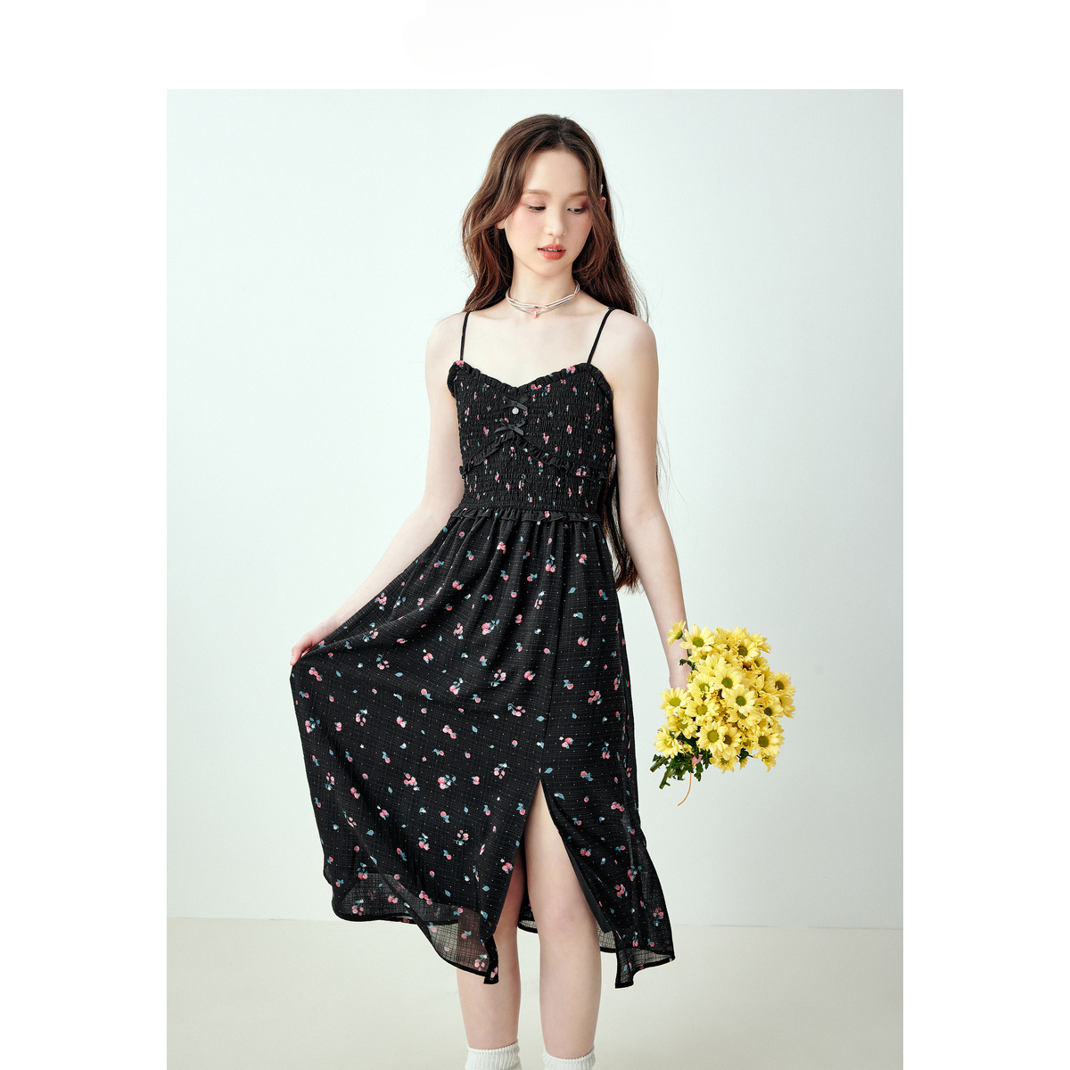 Black Floral Slit Spaghetti Strap Dress