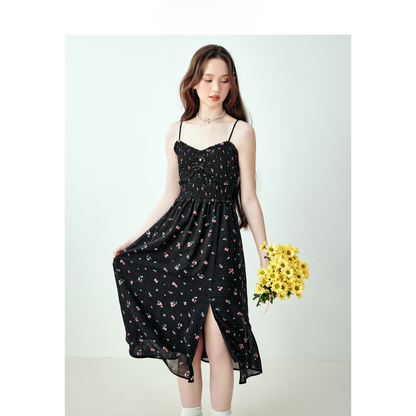 Black Floral Slit Spaghetti Strap Dress