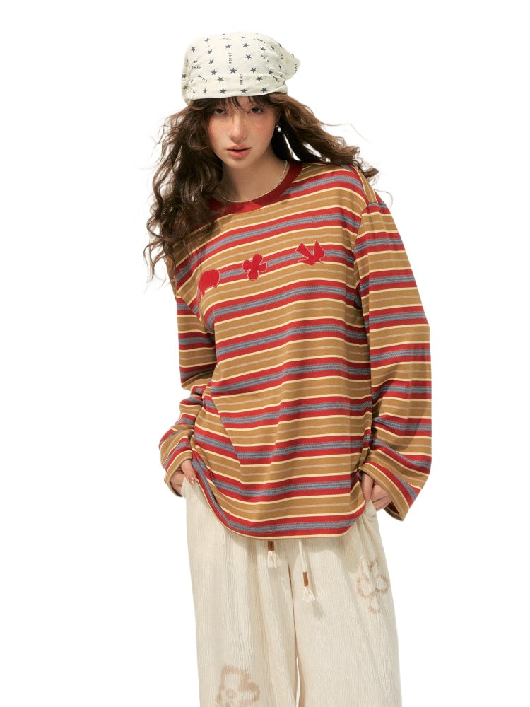 Color-Block Applique Embroidered Striped Long-Sleeve T-Shirt - CHINASQUAD