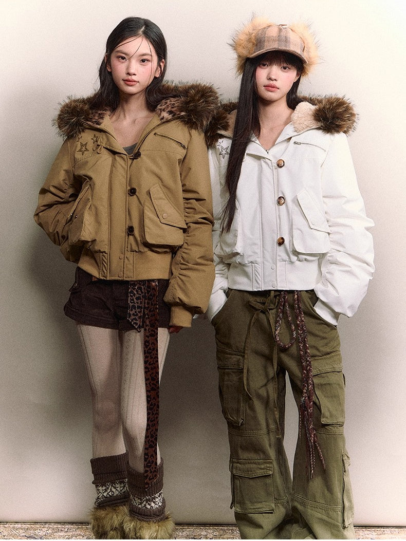 Studded Faux Fur Collar Bomber Down Jacket