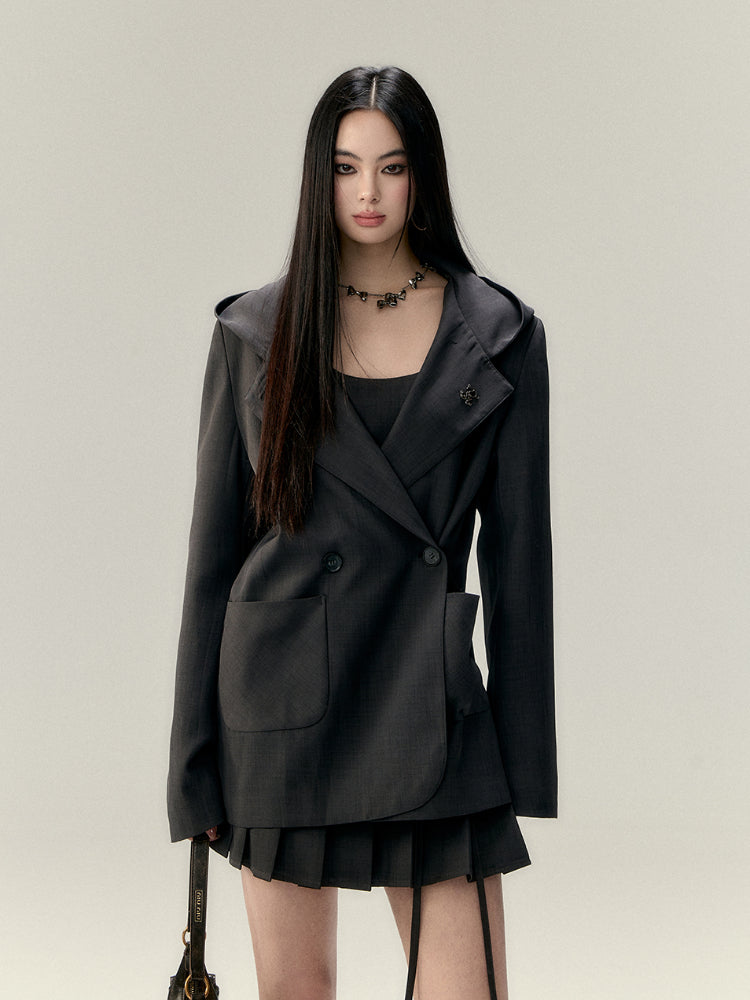 Hooded Two-Way Waist Cinching Loose Double-Breasted Blazer - CHINASQUAD