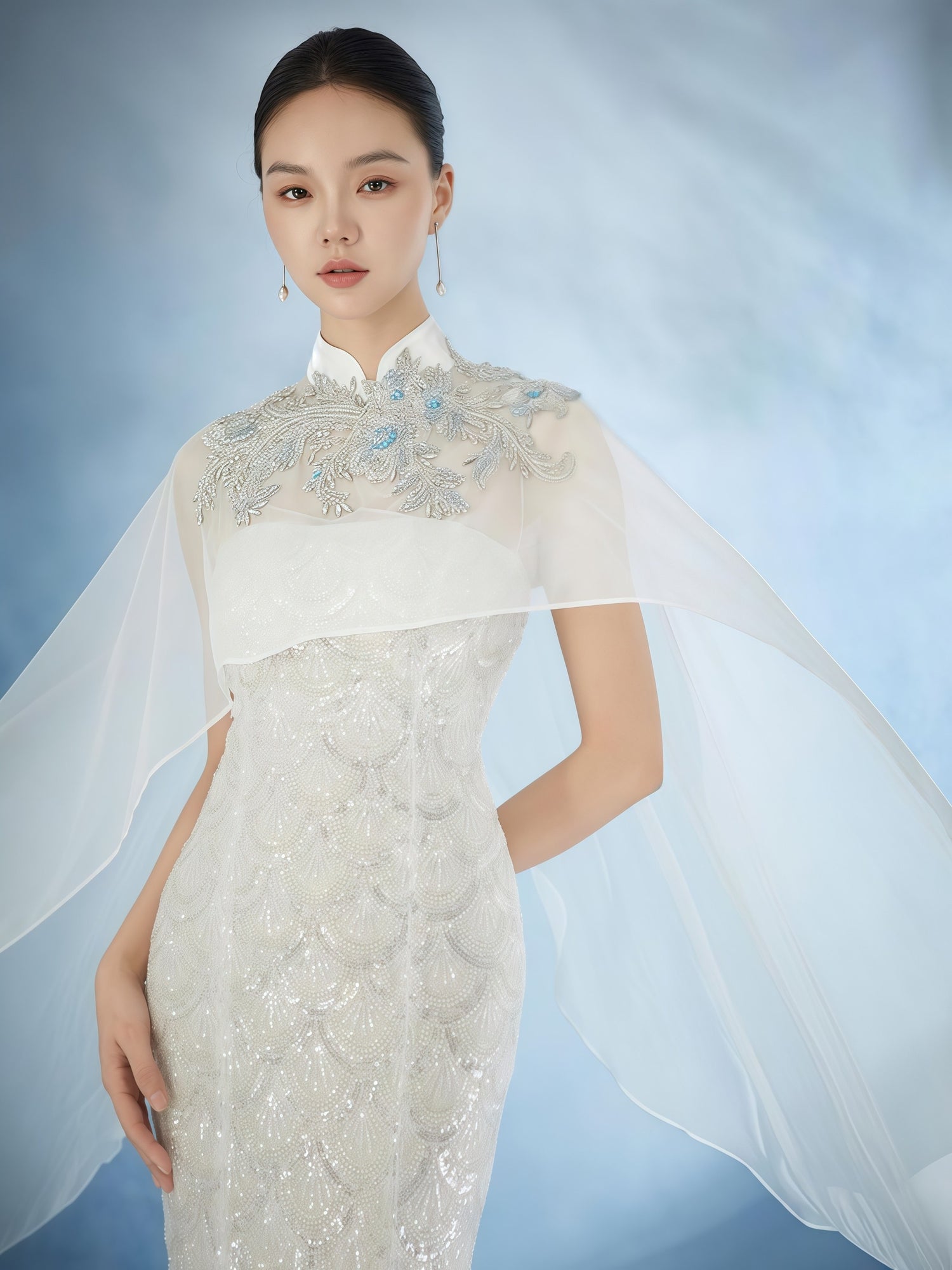 Ivory Embroidered Mandarin Collar Mermaid Gown with Sheer Cape