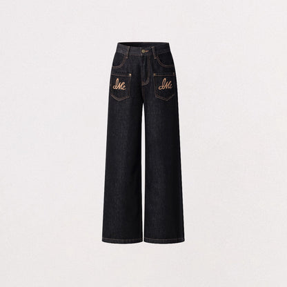 Embroidered Vintage Wide-Leg Denim Pants