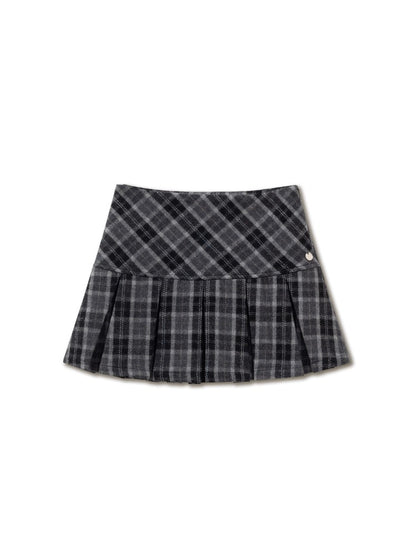 Gray Embroidered Wool Plaid Pleated Skirt