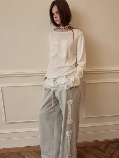 Lace-Hem Drawstring Long-Sleeve T-Shirt