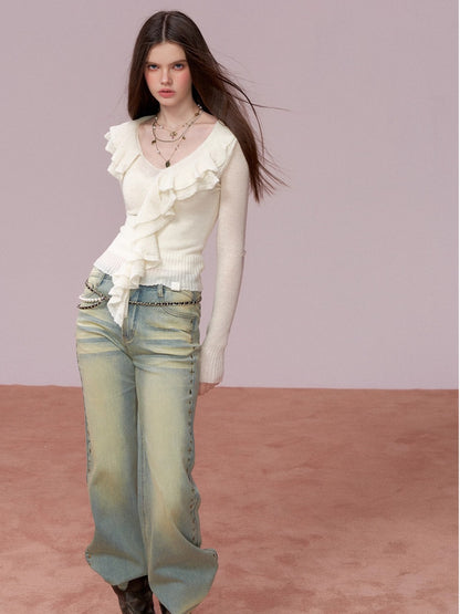 Straight-Leg Washed Denim Pants
