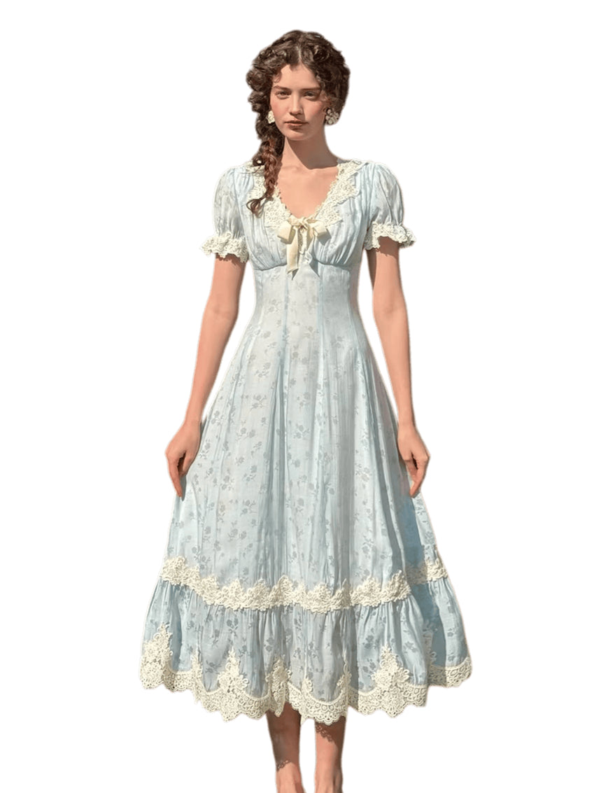 Fresh Baby Blue Lace Short-Sleeve Dress