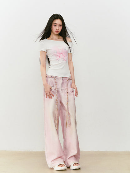 Printed Rhinestone Asymmetric Shoulder T-shirt - CHINASQUAD
