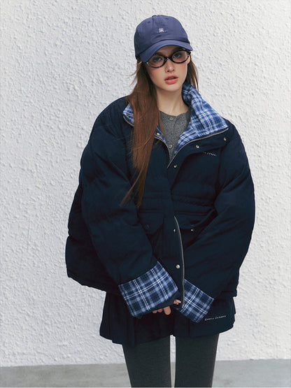 Color-block Plaid Spliced Cotton Jacket