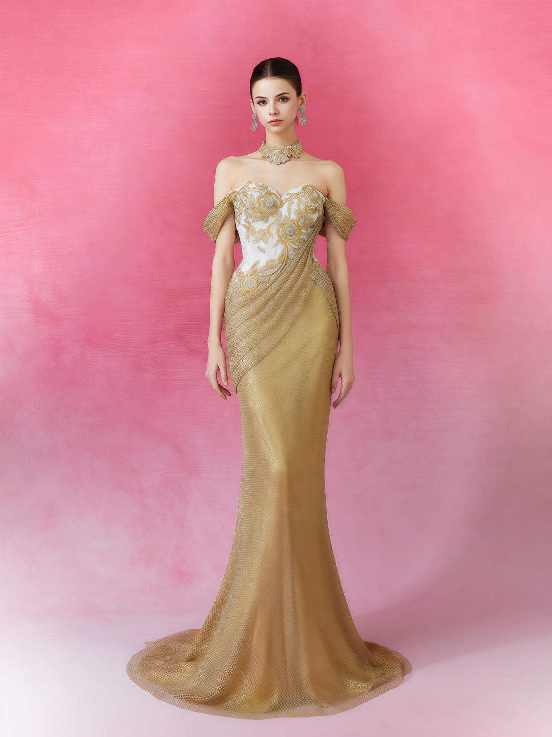 Golden Baroque Embroidered Off-Shoulder Mermaid Gown