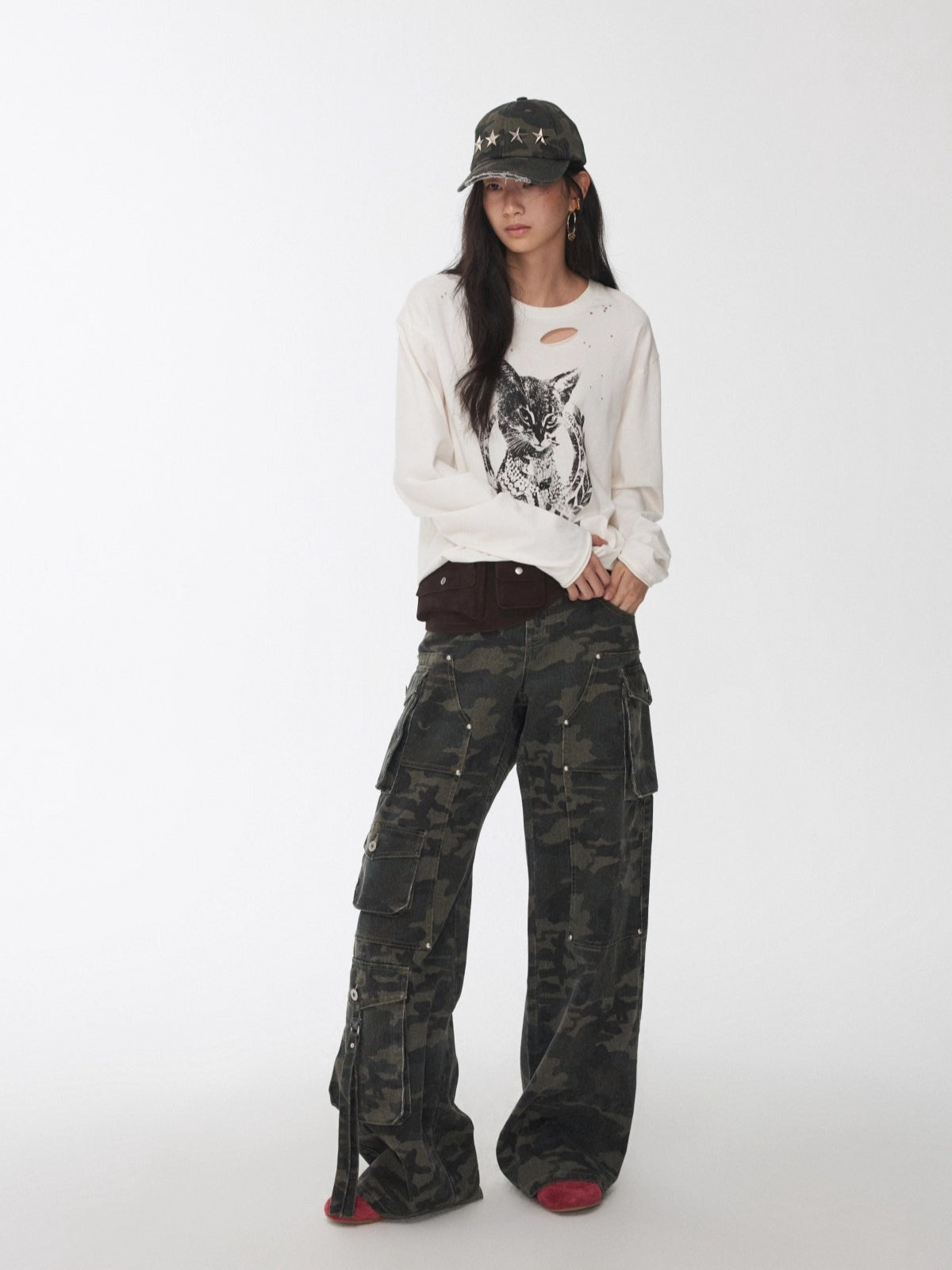 Washed Camouflage Multi-Pocket Cargo Wide-Leg Pants