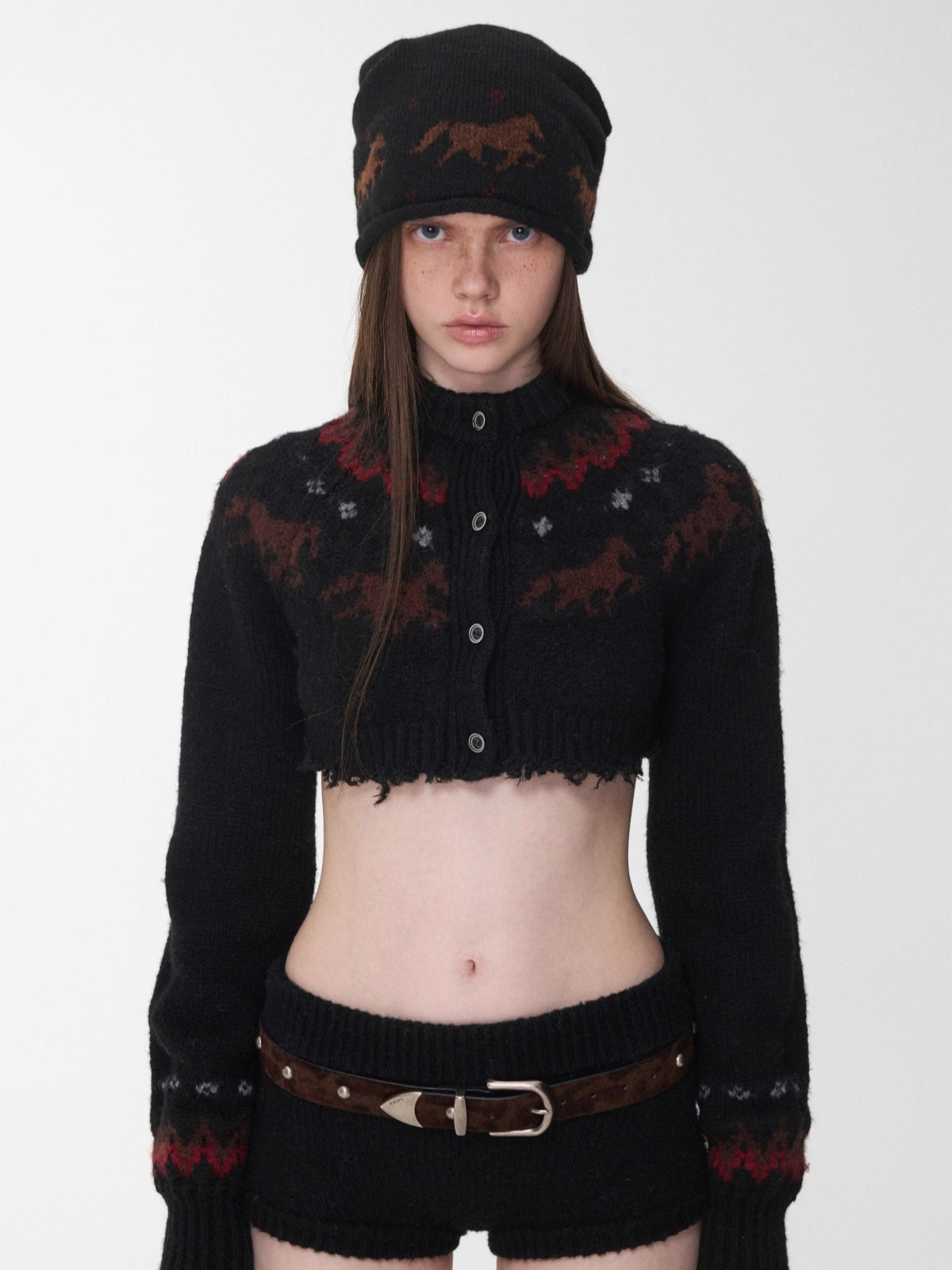 Fair Isle Pony Jacquard Knit Short Cardigan &amp; Shorts Set