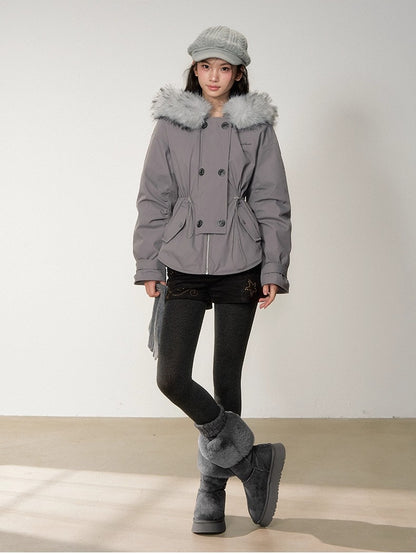 Faux Fur Collar Double-Breasted Down Parka Jacket