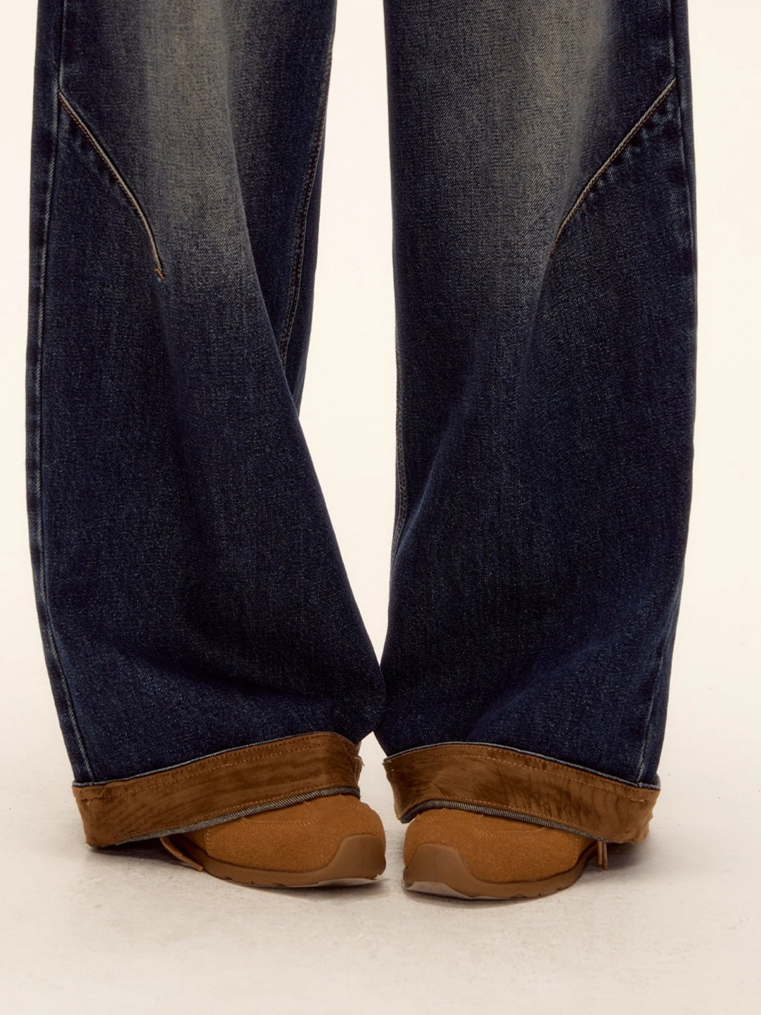 Suede-Panel Washed Denim Wide-Leg Jeans