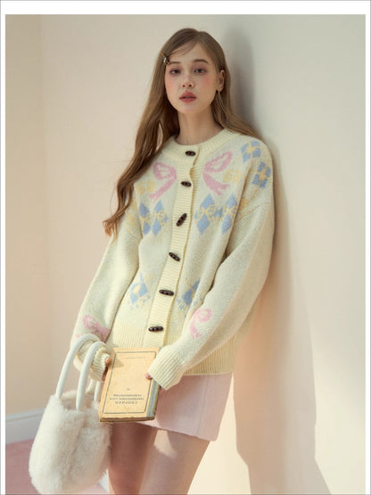 Bow-Knot Fair Isle Toggle Knit Cardigan