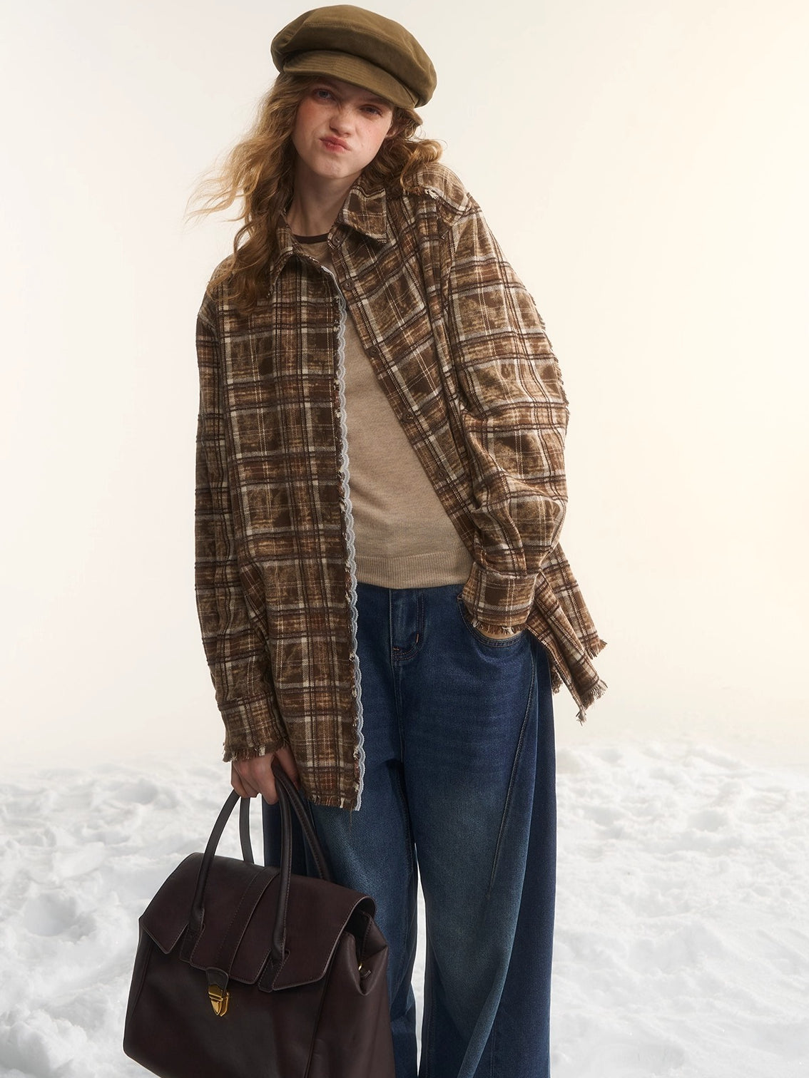 Oversized Lace-Trim Patchwork Plaid Shirt