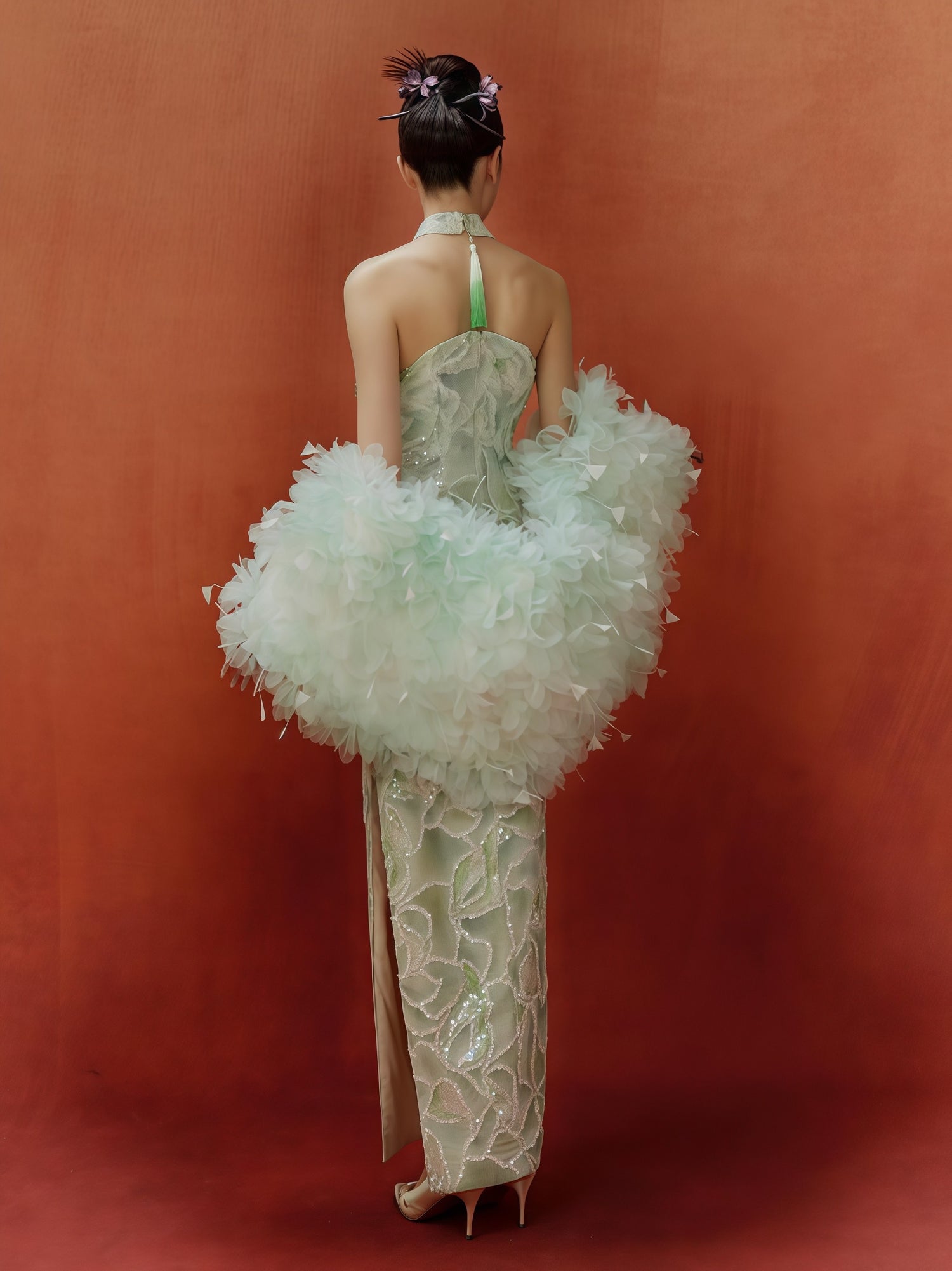 Mint Green Embroidered Halter Cheongsam with Feather Trim Shawl