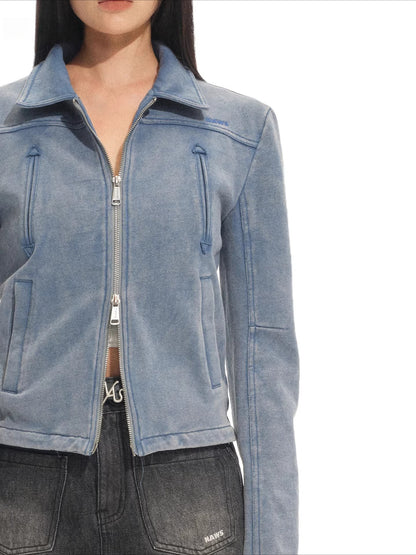 Classic Moto Collar Washed Cotton Knit Jacket