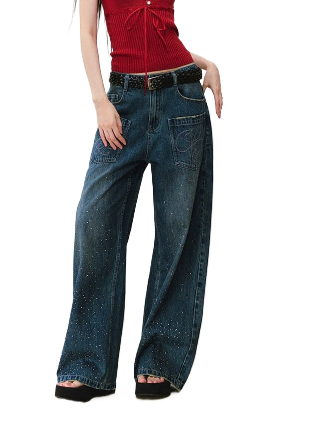 3D Rhinestone Wide - leg Denim Pants - CHINASQUAD