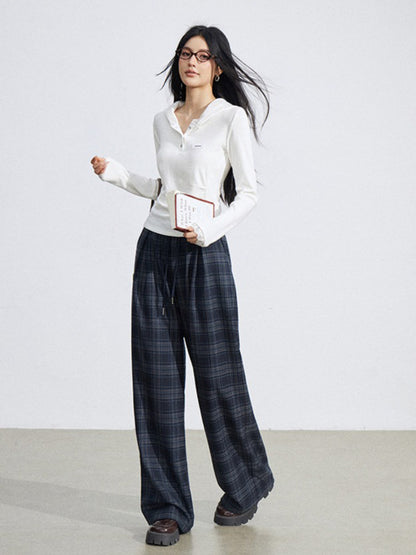 Elastic Waist Plaid Panel Wide-Leg Trousers