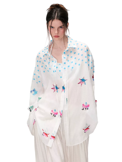 Vintage Contrast Polka Dot Silk-Linen Relaxed Shirt with Halterneck Top