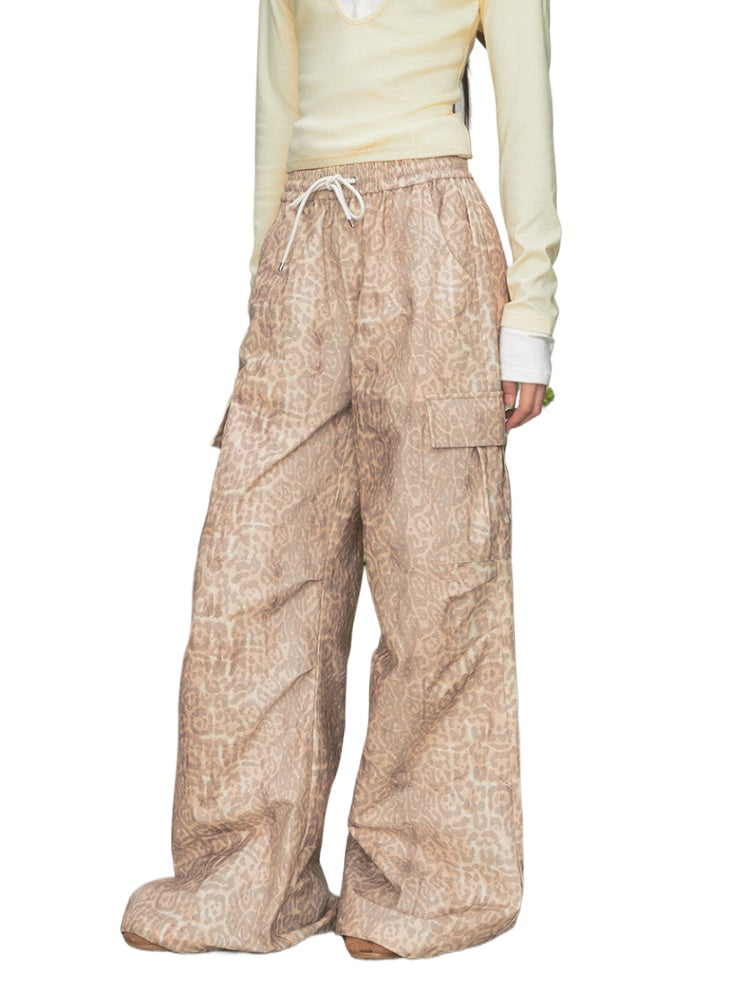 Leopard Print Cargo Drawstring Wide-Leg Pants