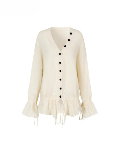 Drawstring Openwork Wool Knit Cardigan