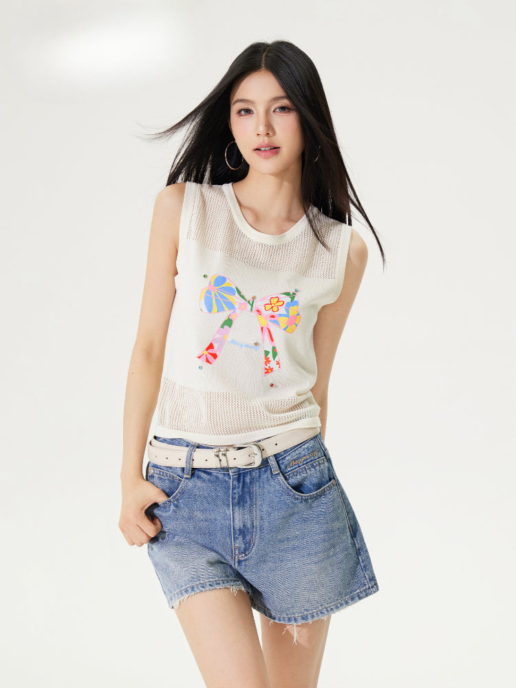 Bowknot Hollow Out Tencel Tank Top - CHINASQUAD