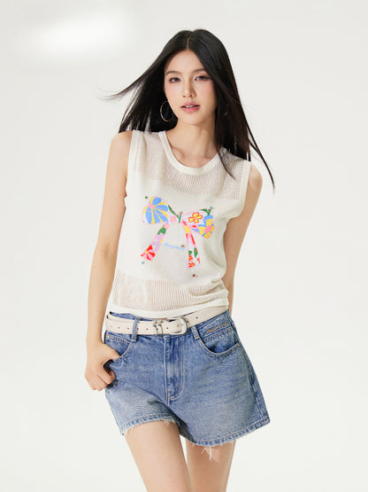 Bowknot Hollow Out Tencel Tank Top - CHINASQUAD