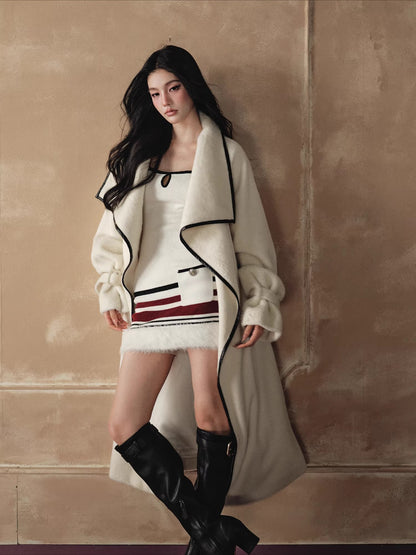 Wool-Blend Long Coat &amp; Striped Slip Dress Set