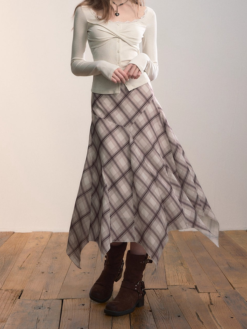 Irregular Hem Plaid Midi Skirt