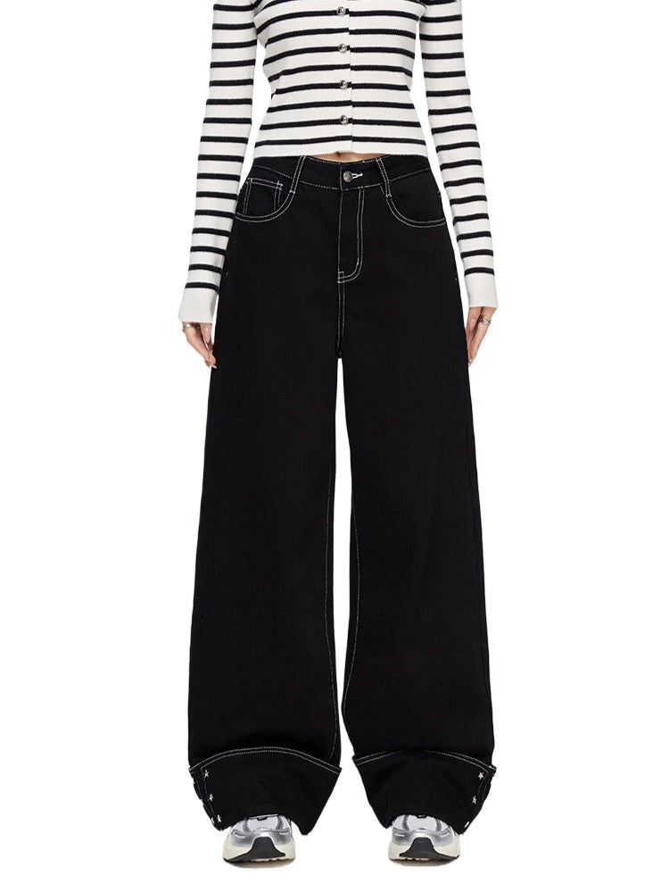 Cuffed Denim Wide-Leg Pants