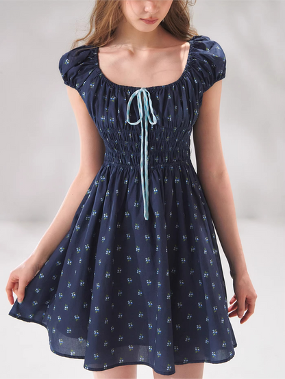 French Floral Tie-Waist Square Neck Puff Sleeve Dress