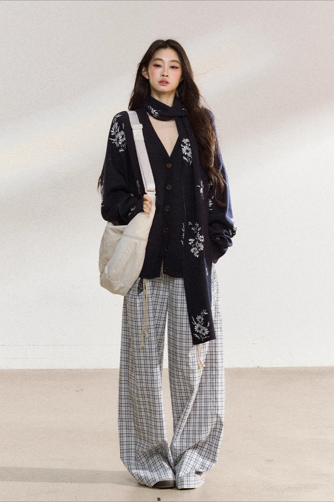 Navy Floral Jacquard Knit Cardigan