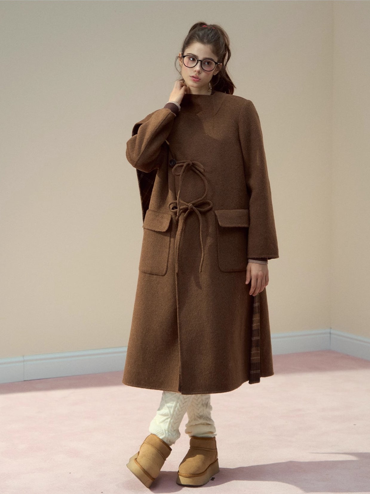 Check Wool-Blend Coat with Scarf